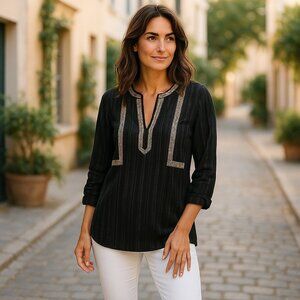 J. Jill Crinkle Peasant Blouse Medium PETITE Black 3/4 Sleeve Gold Embellished